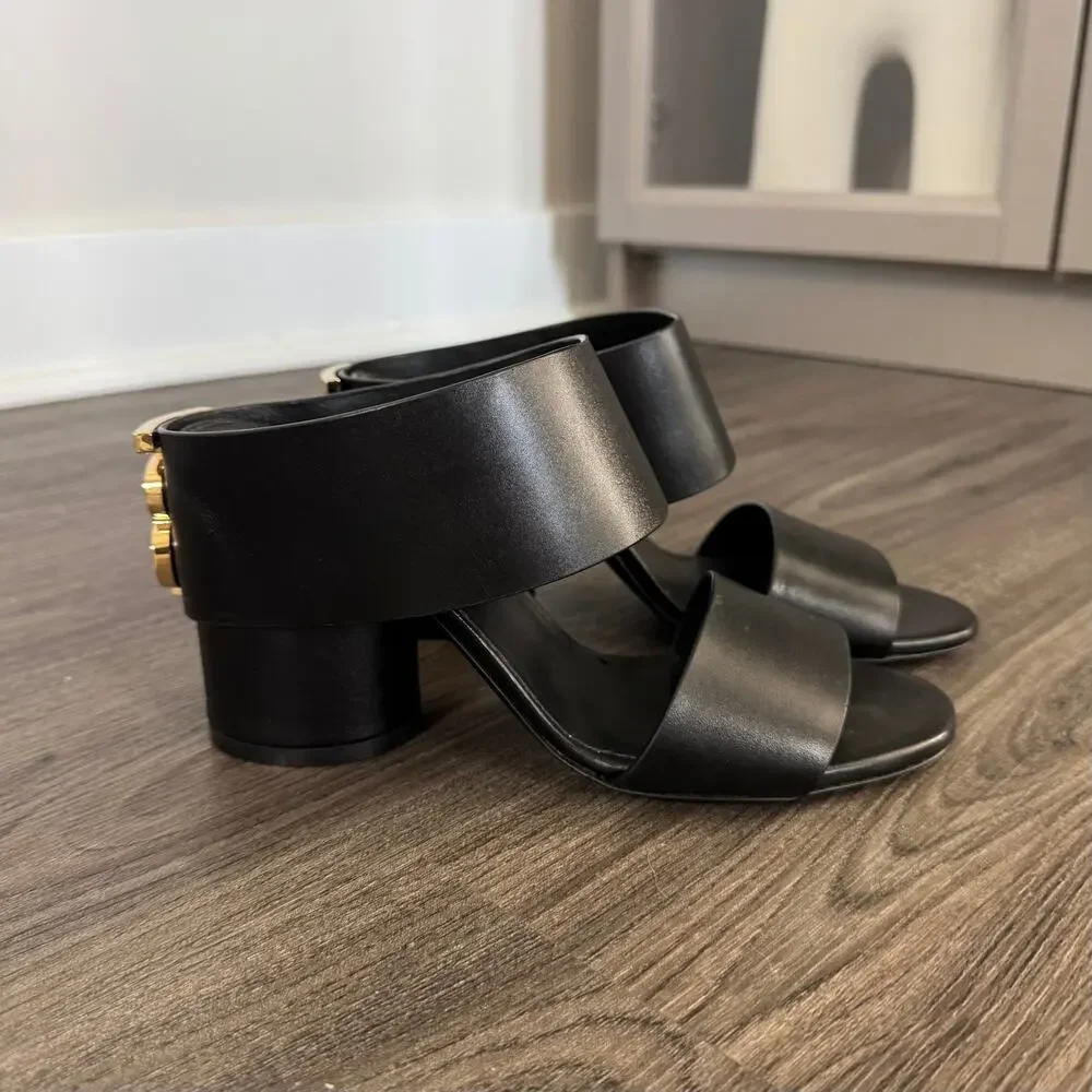 Burberry Eliana Black Leather Gold Logo Heeled Slides Sandals 36 NEW TB Heels